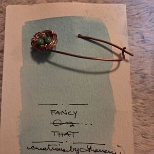 Copper Wire Nest Brooch with Green Beads